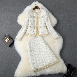 Single-breasted Tweed Blazers Mini A-line Skirt Suit Two-piece Set Blue Apricot