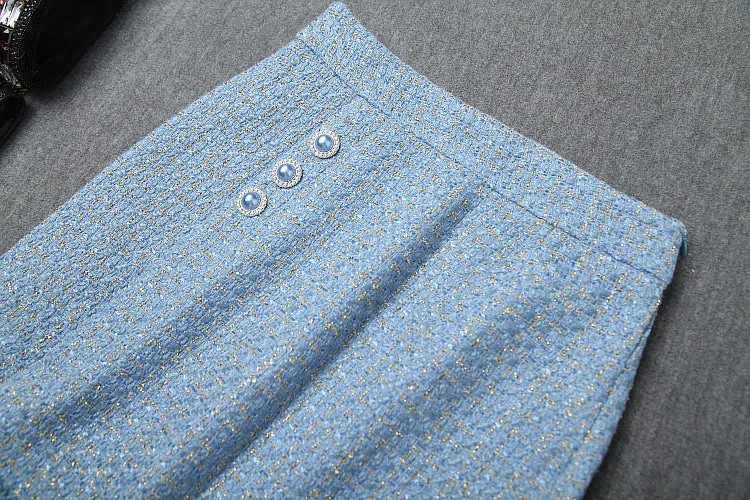 Single-breasted Tweed Blazers Mini A-line Skirt Suit Two-piece Set Blue Apricot