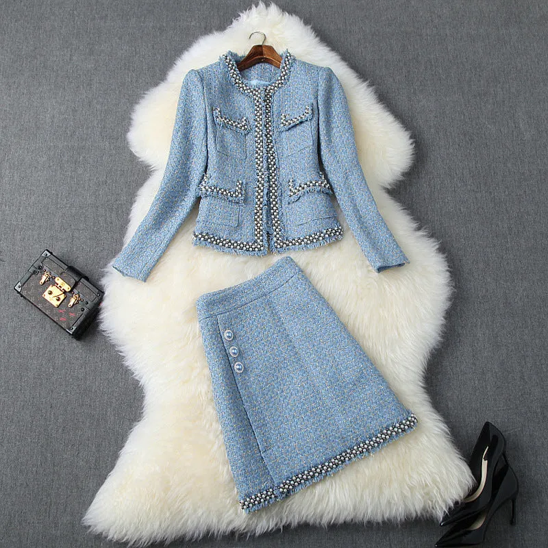Single-breasted Tweed Blazers Mini A-line Skirt Suit Two-piece Set Blue Apricot