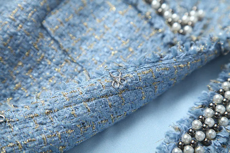 Single-breasted Tweed Blazers Mini A-line Skirt Suit Two-piece Set Blue Apricot