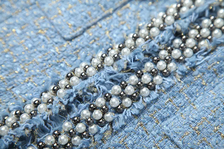 Single-breasted Tweed Blazers Mini A-line Skirt Suit Two-piece Set Blue Apricot