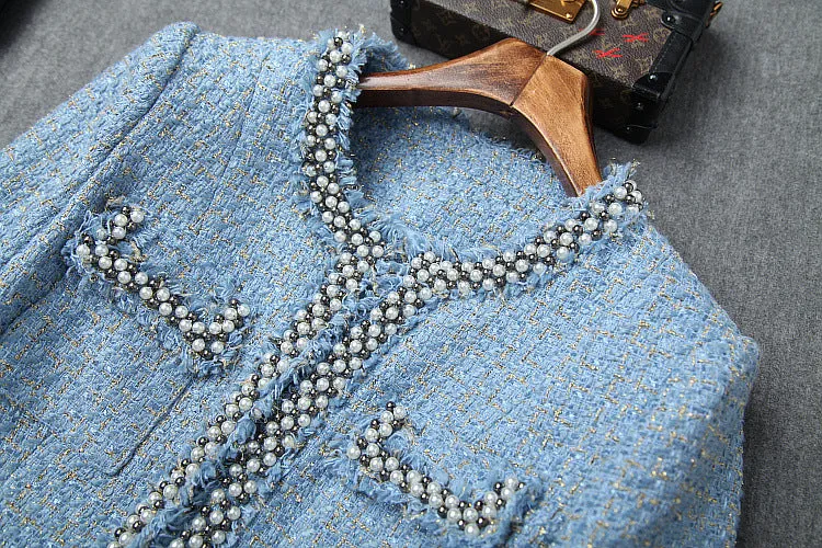 Single-breasted Tweed Blazers Mini A-line Skirt Suit Two-piece Set Blue Apricot