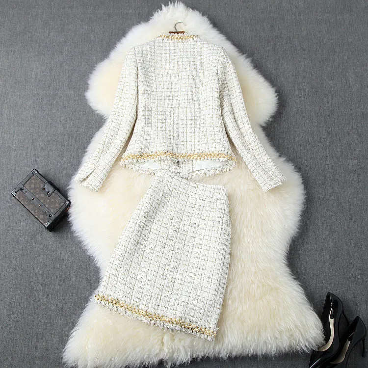 Single-breasted Tweed Blazers Mini A-line Skirt Suit Two-piece Set Blue Apricot