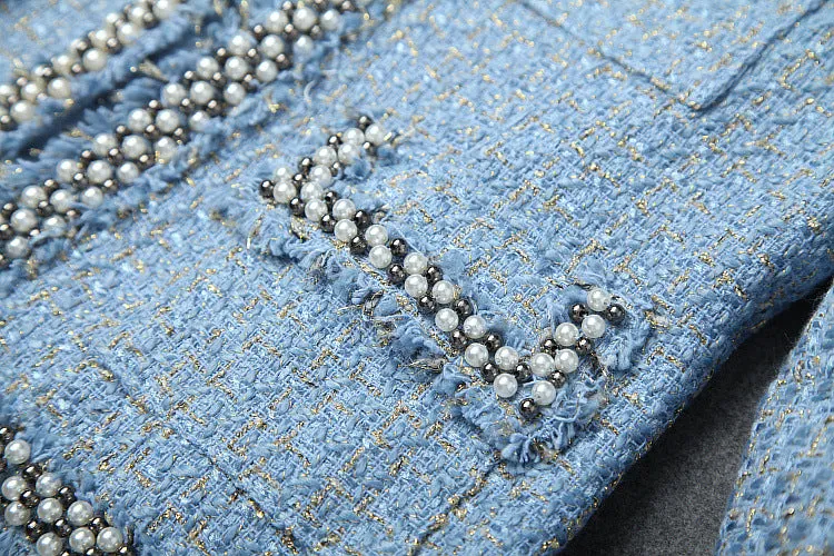 Single-breasted Tweed Blazers Mini A-line Skirt Suit Two-piece Set Blue Apricot