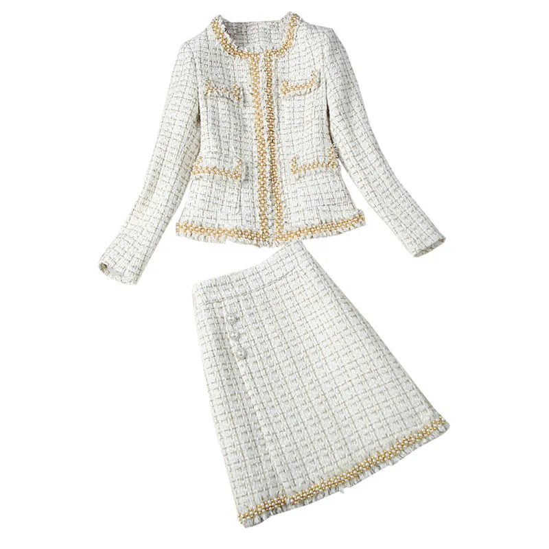 Single-breasted Tweed Blazers Mini A-line Skirt Suit Two-piece Set Blue Apricot