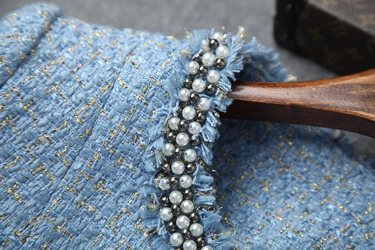 Single-breasted Tweed Blazers Mini A-line Skirt Suit Two-piece Set Blue Apricot