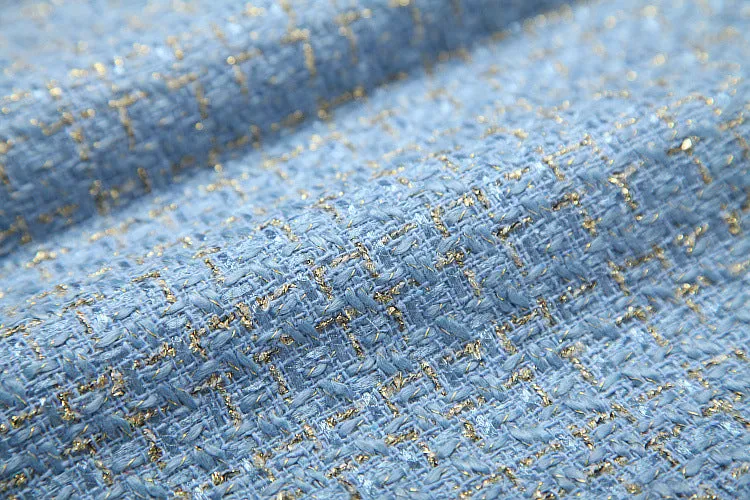 Single-breasted Tweed Blazers Mini A-line Skirt Suit Two-piece Set Blue Apricot