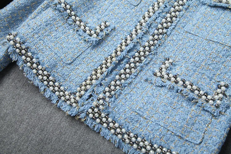 Single-breasted Tweed Blazers Mini A-line Skirt Suit Two-piece Set Blue Apricot