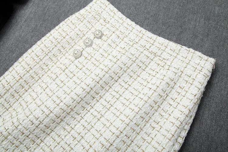Single-breasted Tweed Blazers Mini A-line Skirt Suit Two-piece Set Blue Apricot