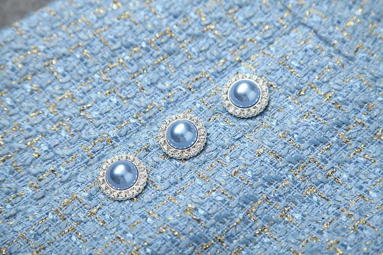 Single-breasted Tweed Blazers Mini A-line Skirt Suit Two-piece Set Blue Apricot