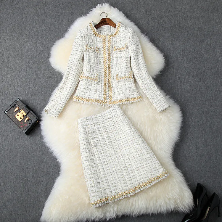 Single-breasted Tweed Blazers Mini A-line Skirt Suit Two-piece Set Blue Apricot