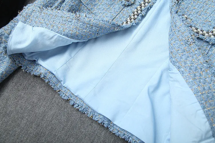 Single-breasted Tweed Blazers Mini A-line Skirt Suit Two-piece Set Blue Apricot