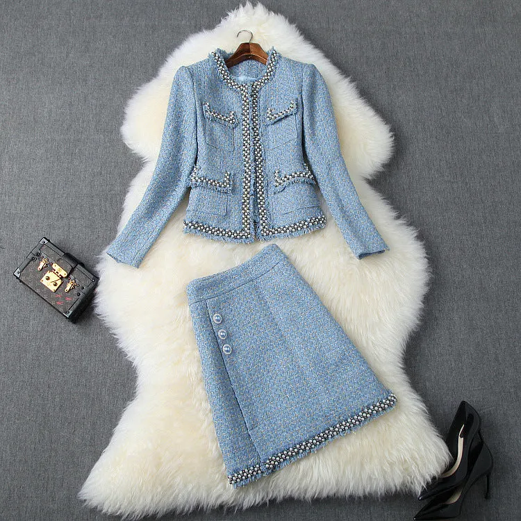 Single-breasted Tweed Blazers Mini A-line Skirt Suit Two-piece Set Blue Apricot