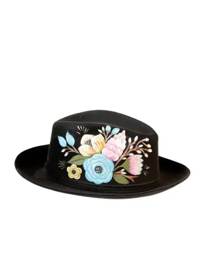 Sombrero Artesanal Floral Pintado a Mano Ala Corta de Piel Gamuza para Mujer 'Mexico Artesanal' - ID: 603820