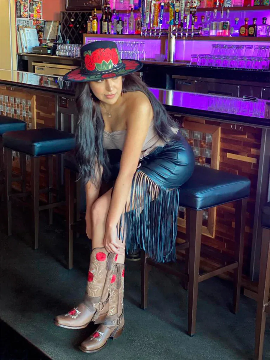 Sombrero Artesanal Floral Pintado a Mano de Piel Gamuza para Mujer 'Mexico Artesanal' - ID: 603719
