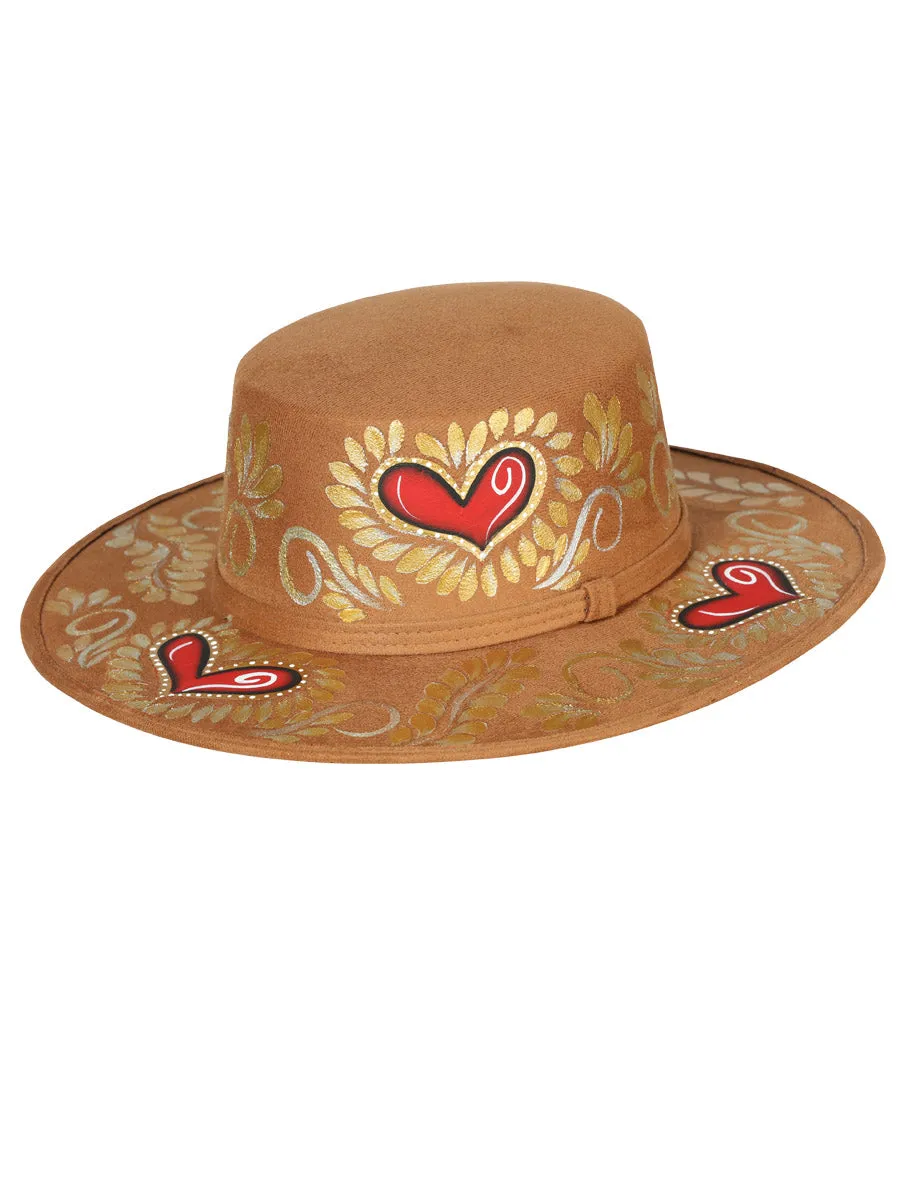 Sombrero Artesanal Floral Pintado a Mano de Piel Gamuza para Mujer 'Mexico Artesanal' - ID: 603723