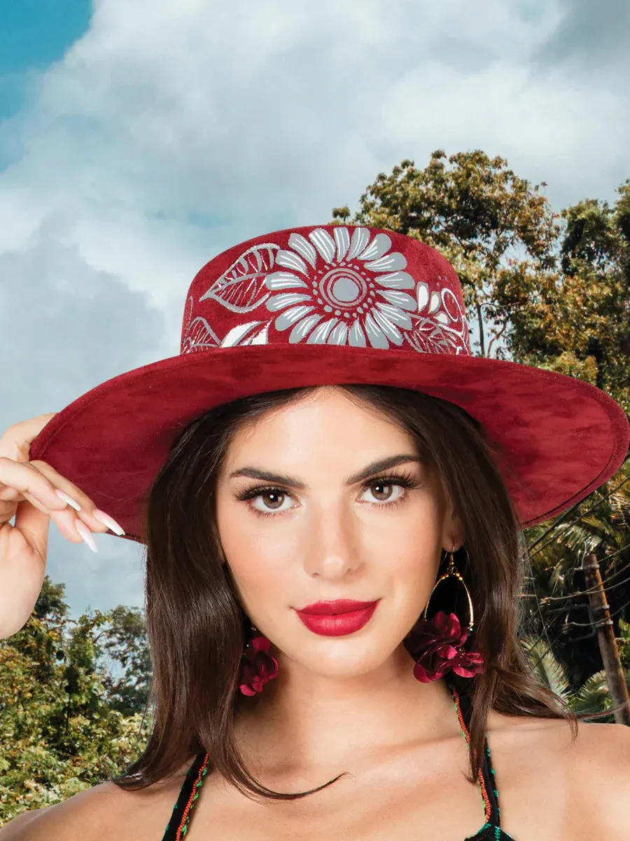 Sombrero Artesanal Floral Pintado a Mano de Piel Gamuza para Mujer 'Mexico Artesanal' - ID: 603727