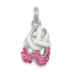 Sterling Silver Rhodium-platedPink CZ Enamel Ballet Slipper Charm
