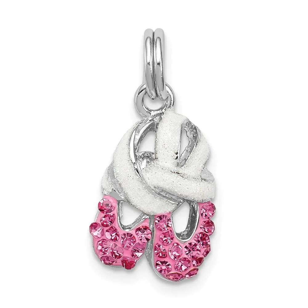 Sterling Silver Rhodium-platedPink CZ Enamel Ballet Slipper Charm