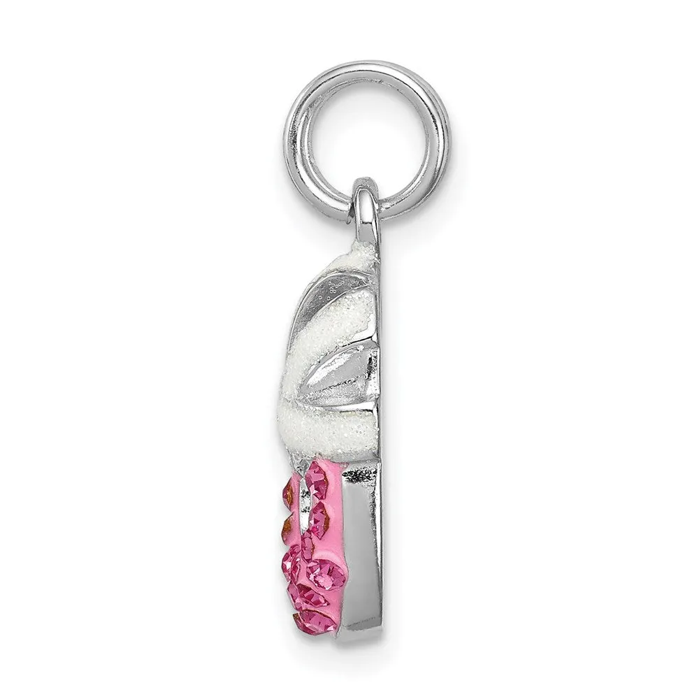 Sterling Silver Rhodium-platedPink CZ Enamel Ballet Slipper Charm