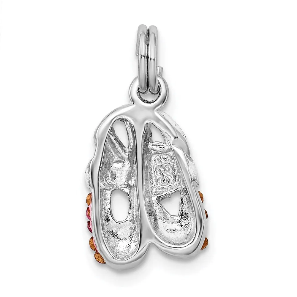 Sterling Silver Rhodium-platedPink CZ Enamel Ballet Slipper Charm