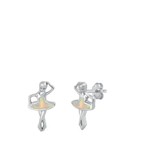 Sterling Silver White Opal Ballet Dancer Stud Earrings Cute Dancing Girl 925 New