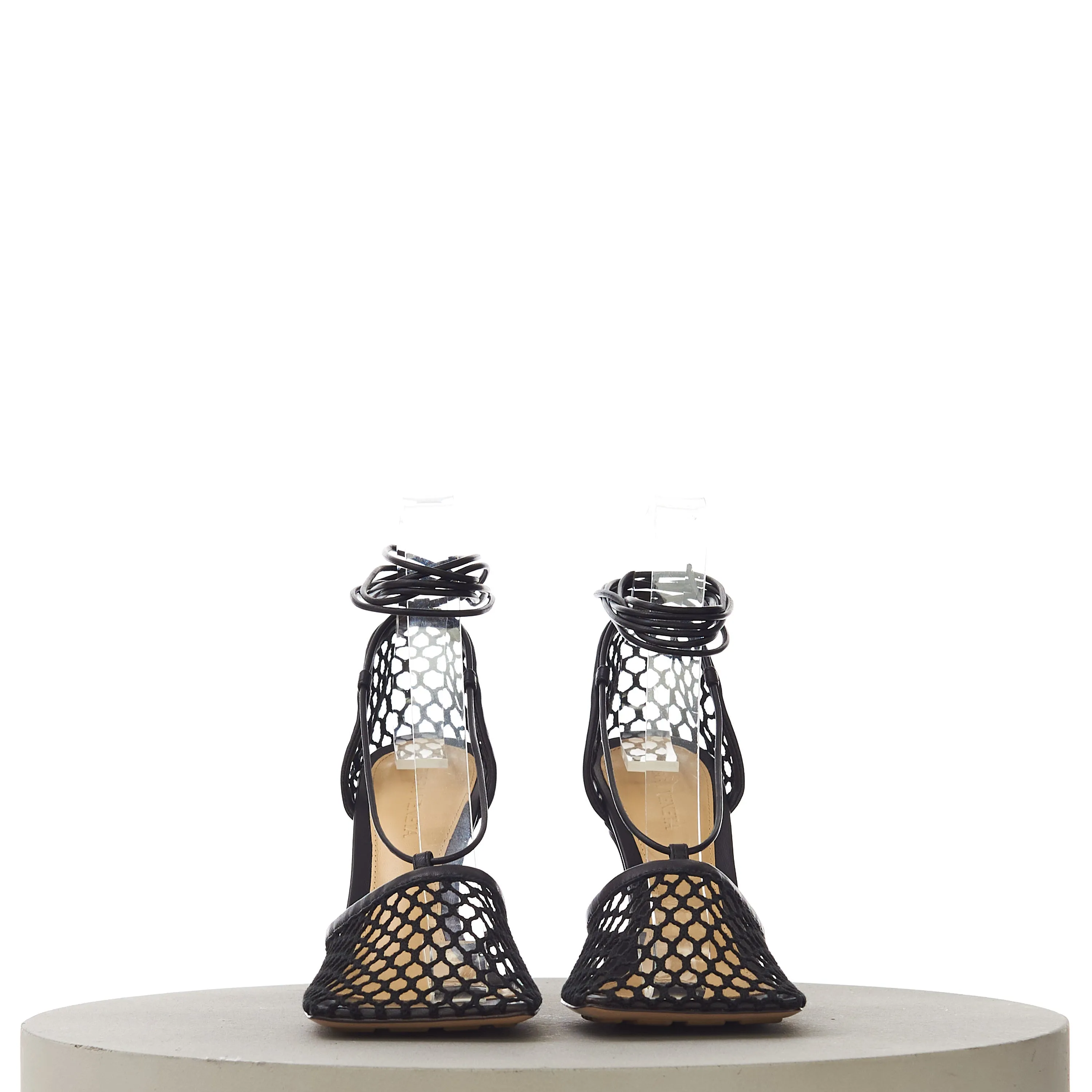 Stretch Lace-Up Sandals In Black Leather & Mesh