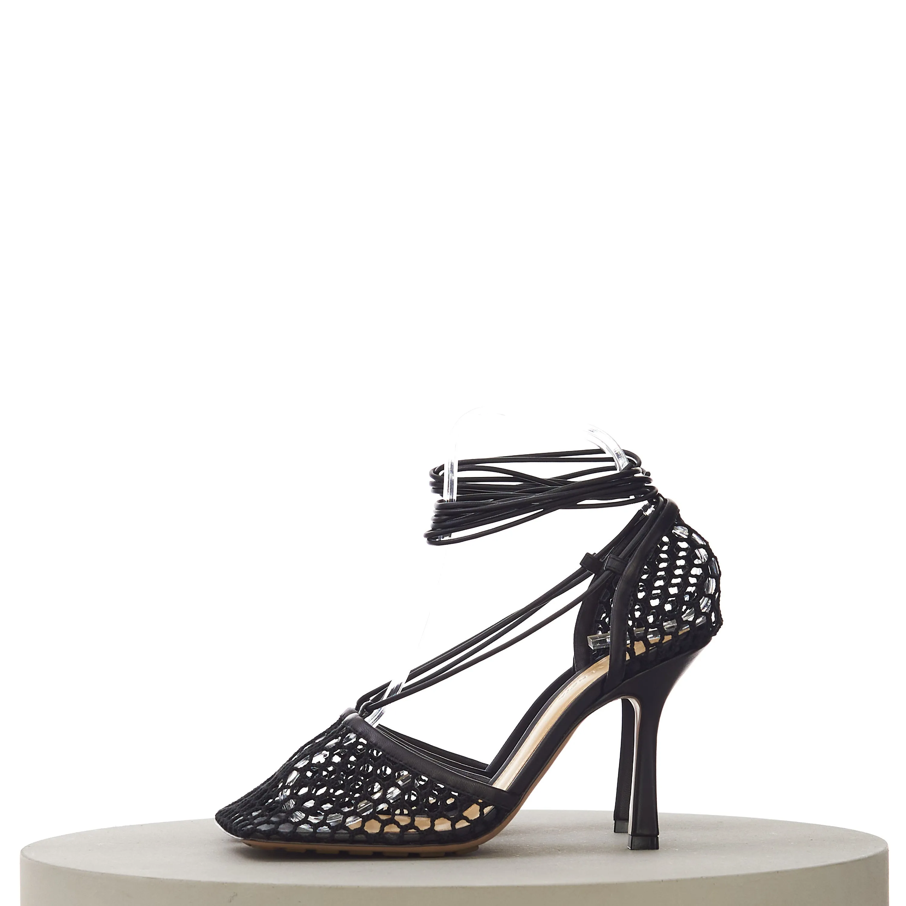 Stretch Lace-Up Sandals In Black Leather & Mesh