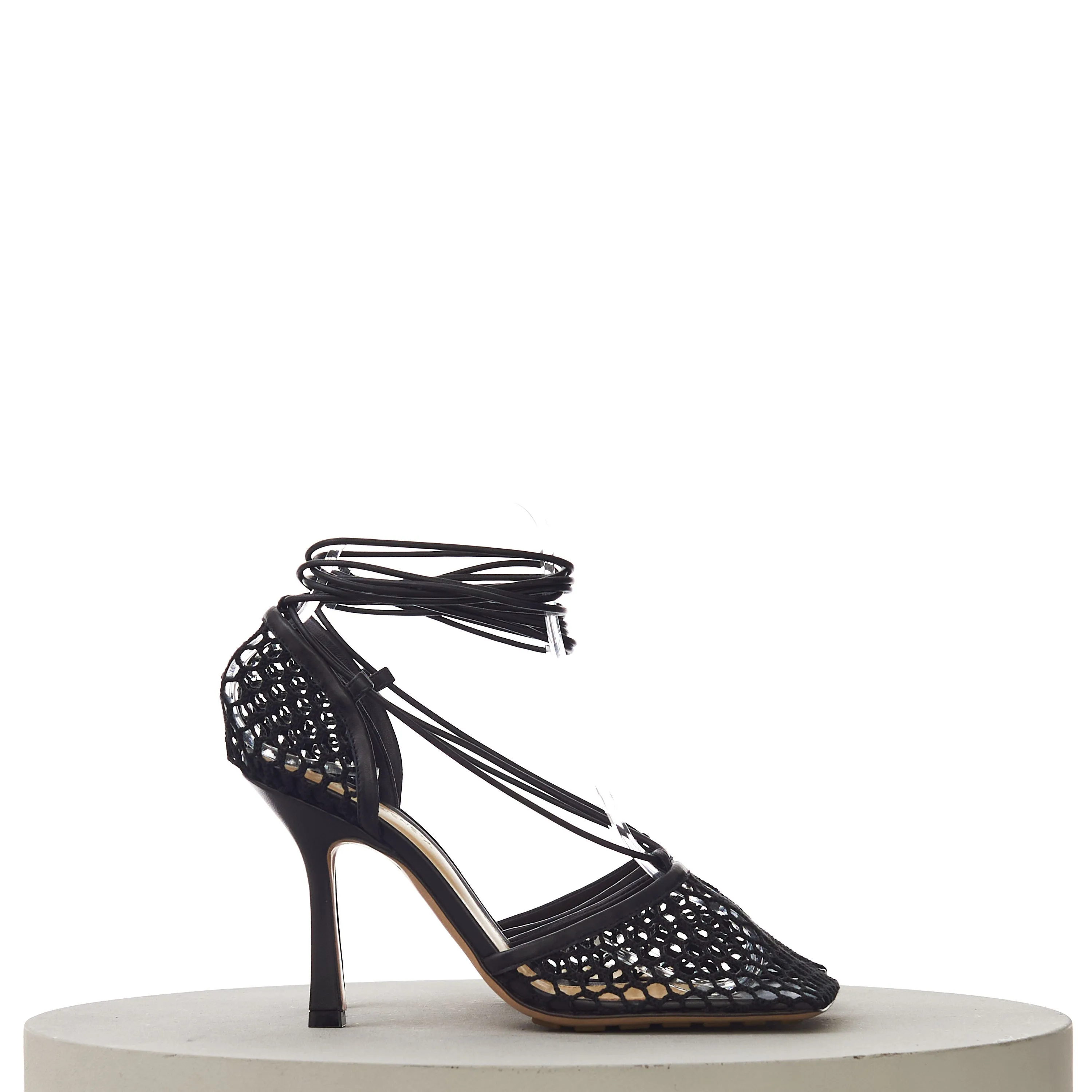 Stretch Lace-Up Sandals In Black Leather & Mesh