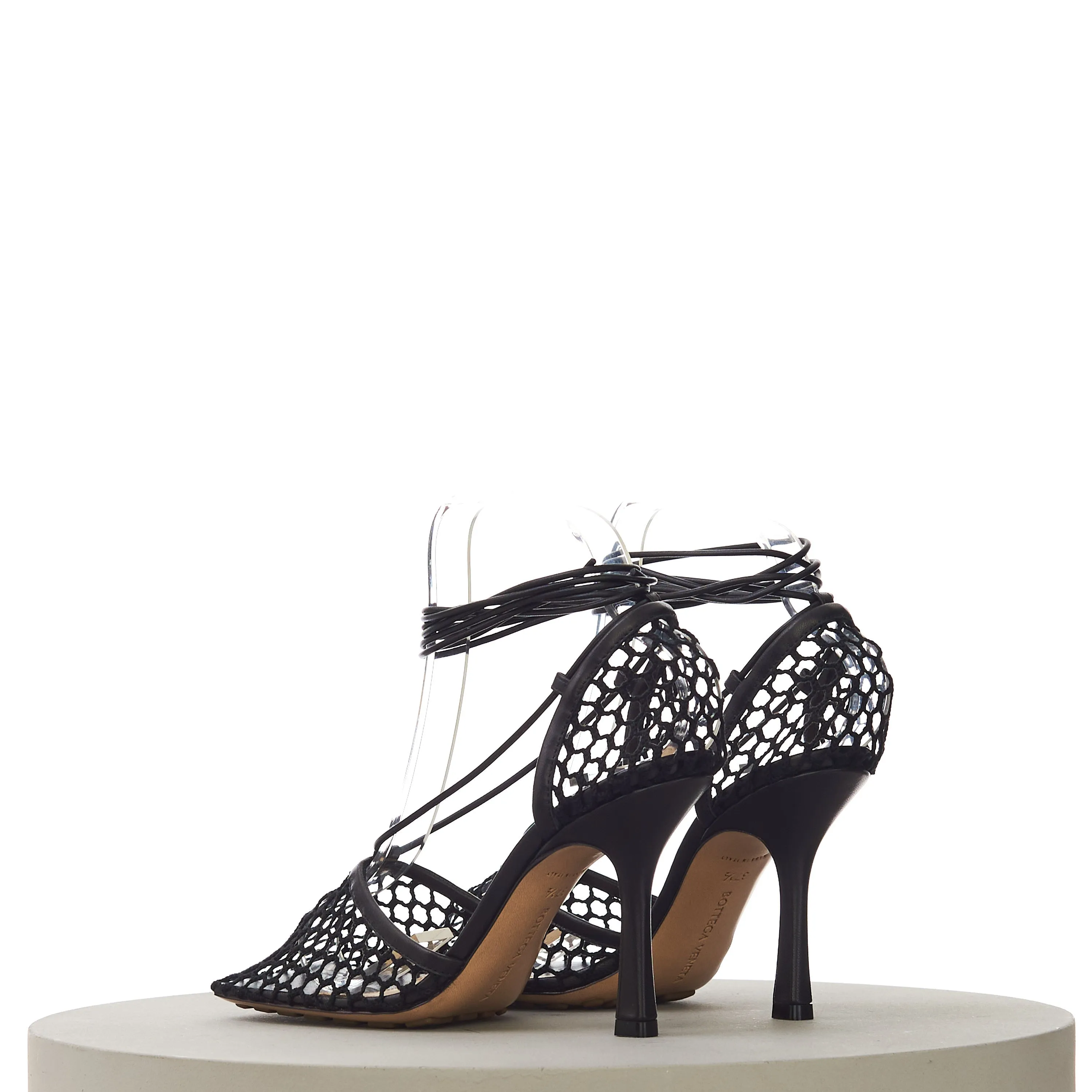 Stretch Lace-Up Sandals In Black Leather & Mesh