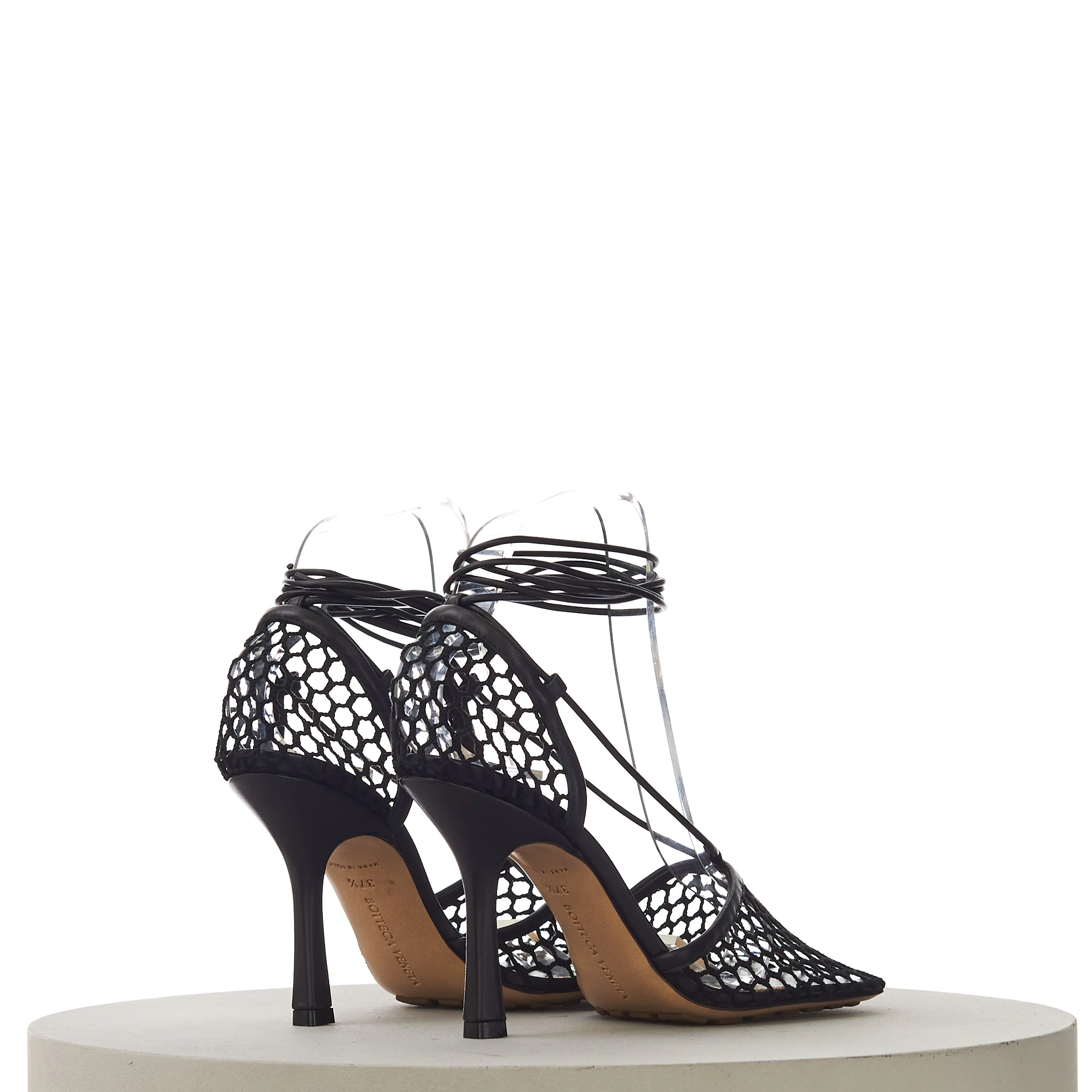 Stretch Lace-Up Sandals In Black Leather & Mesh