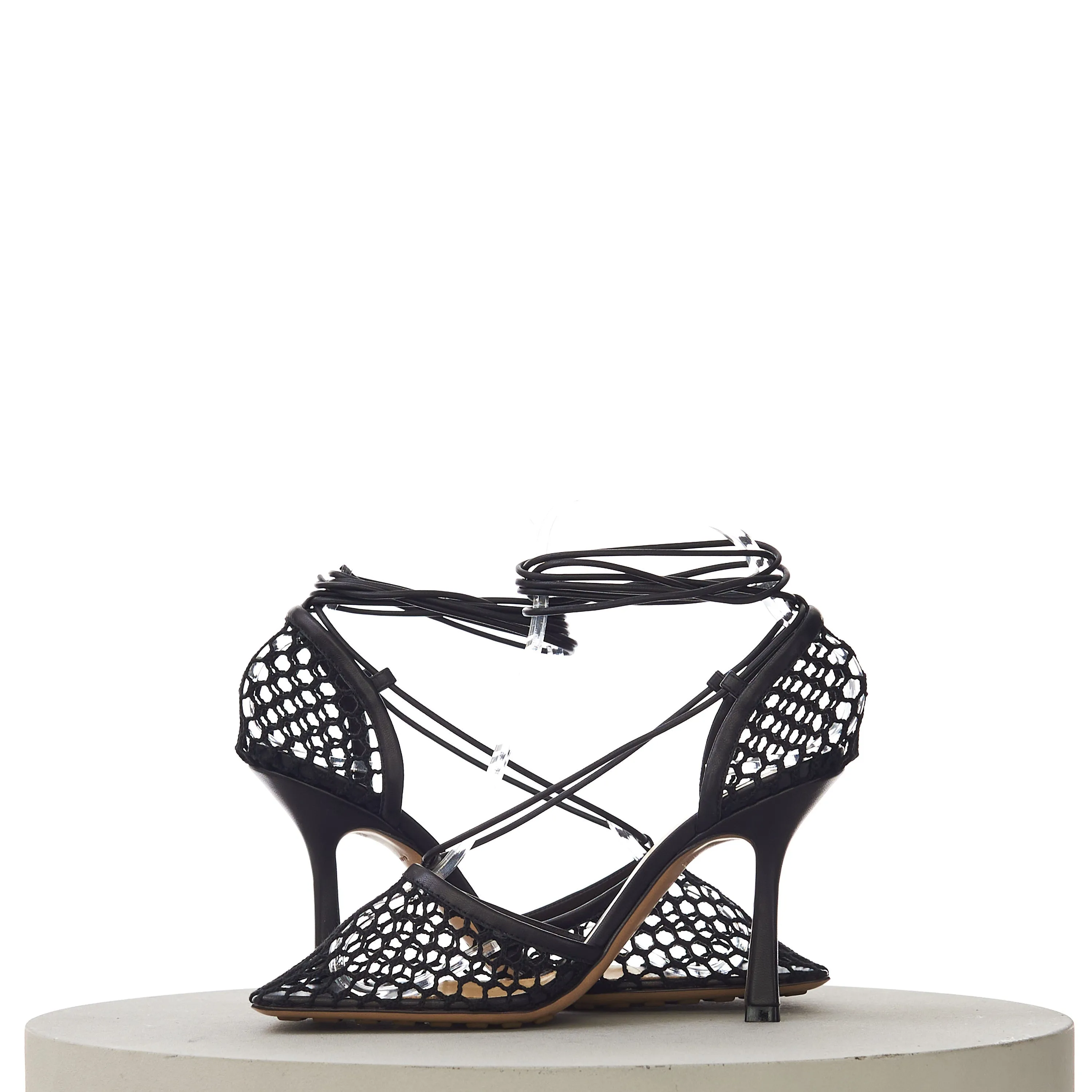 Stretch Lace-Up Sandals In Black Leather & Mesh
