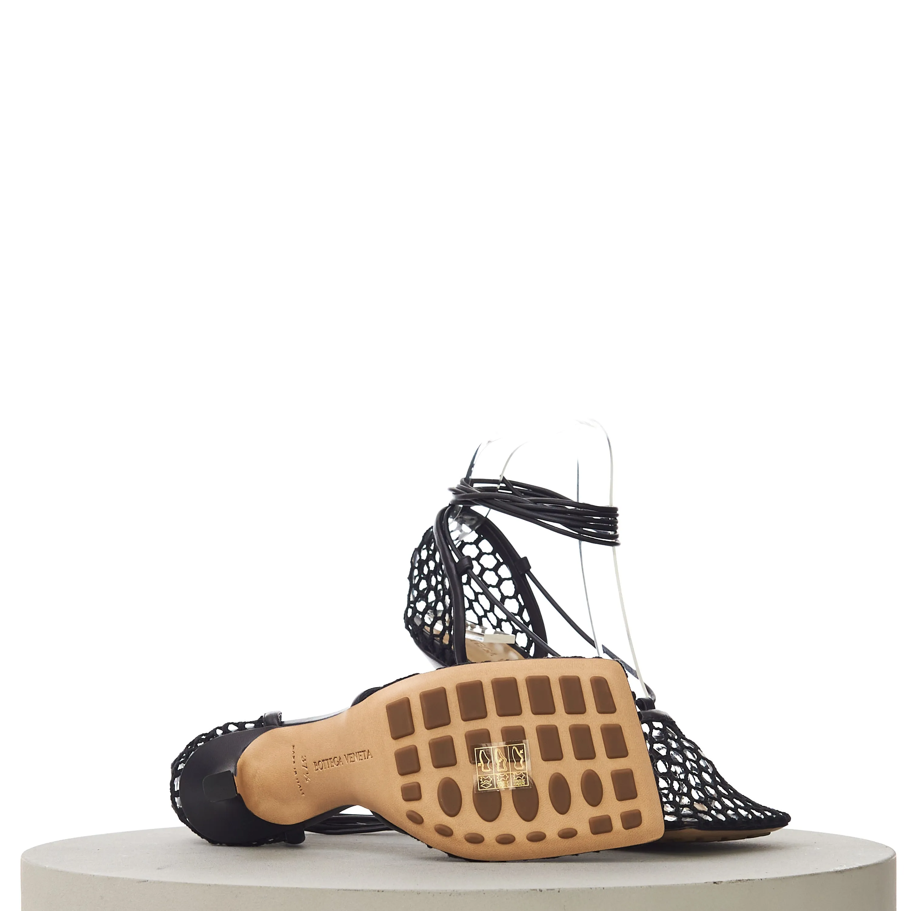 Stretch Lace-Up Sandals In Black Leather & Mesh