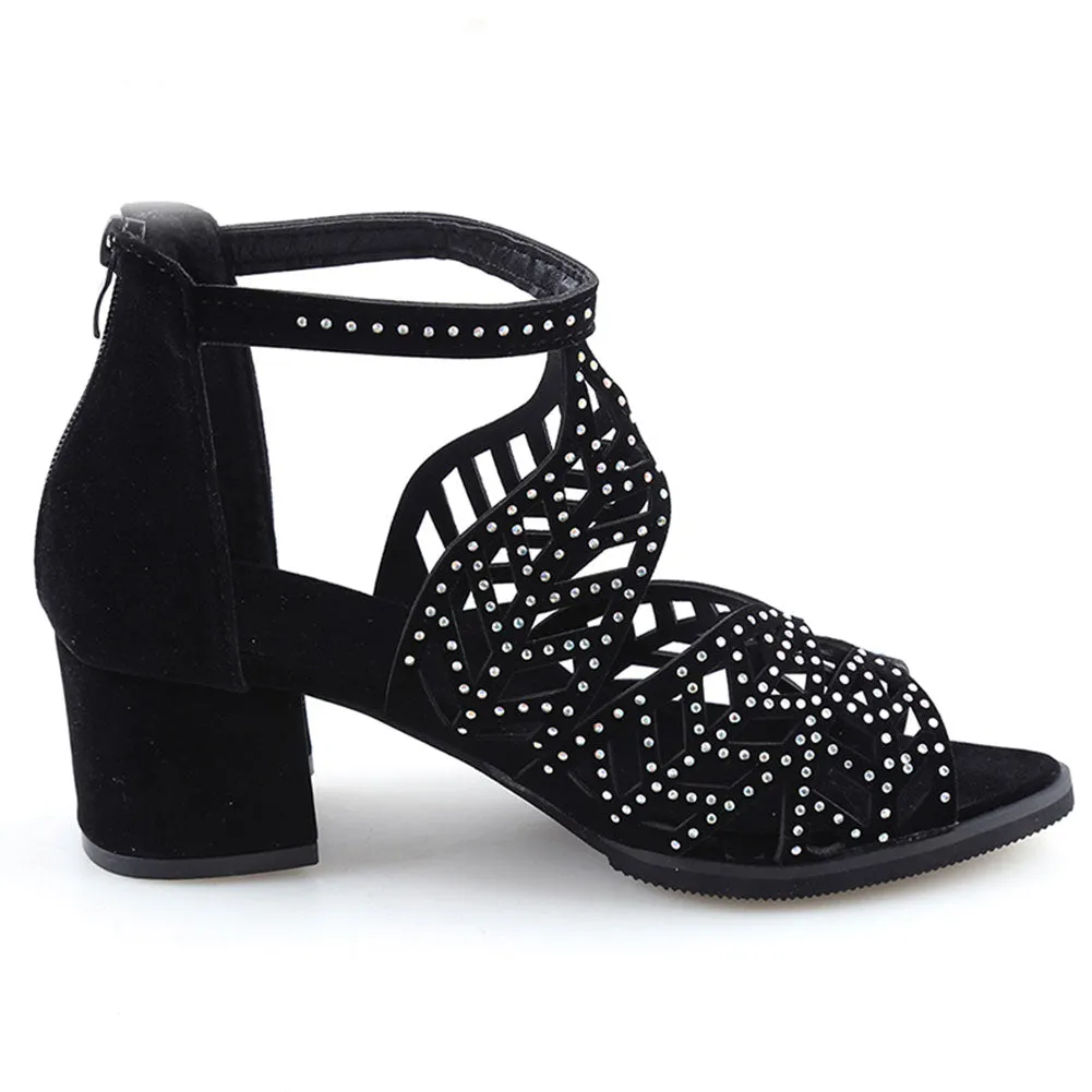 Style Summer Hollow Out Faux Leather Rhinestones Thick Heel Zipper Sandals Shoes Eur