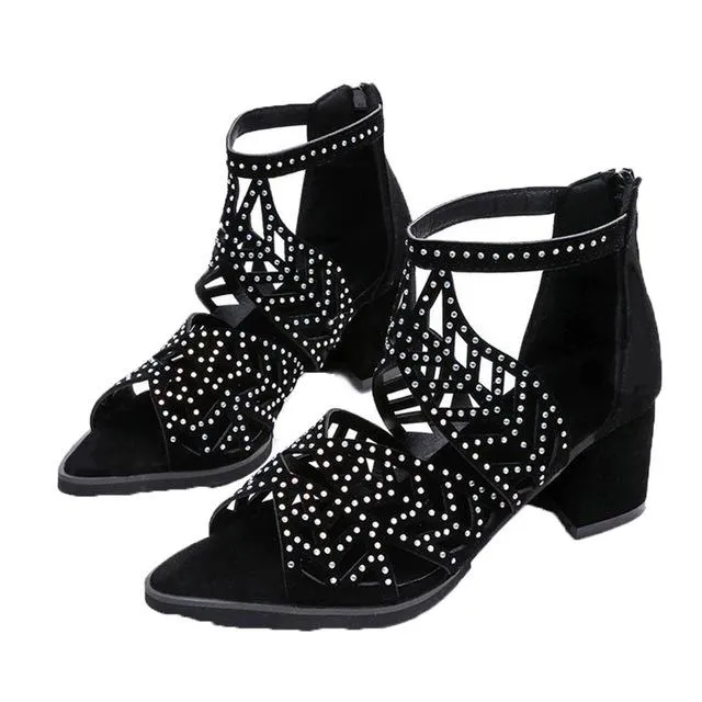 Style Summer Hollow Out Faux Leather Rhinestones Thick Heel Zipper Sandals Shoes Eur