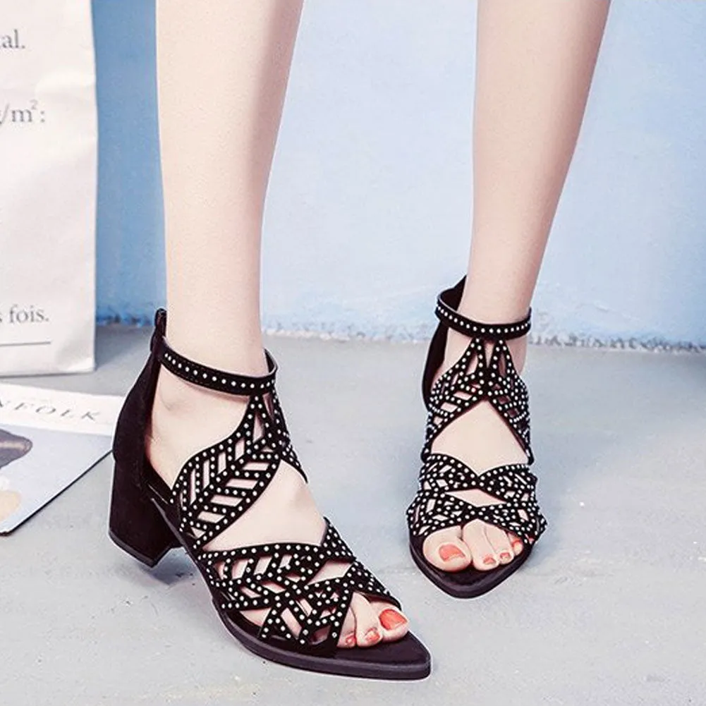 Style Summer Hollow Out Faux Leather Rhinestones Thick Heel Zipper Sandals Shoes Eur