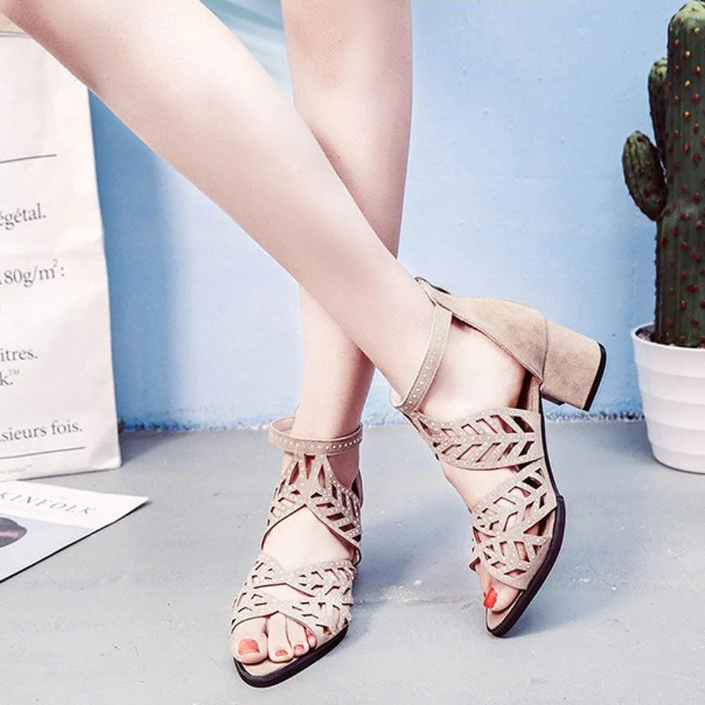 Style Summer Hollow Out Faux Leather Rhinestones Thick Heel Zipper Sandals Shoes Eur