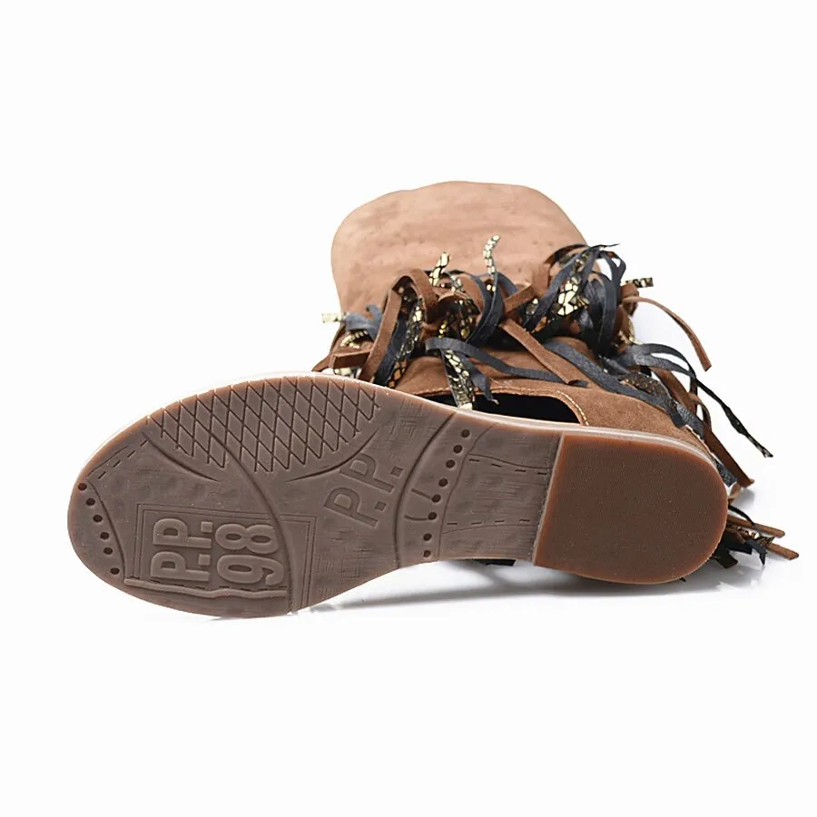suede fringe clip toe sandals boots women carving hollow side zip flat heel summer boot females gladiator sandals