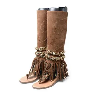 suede fringe clip toe sandals boots women carving hollow side zip flat heel summer boot females gladiator sandals