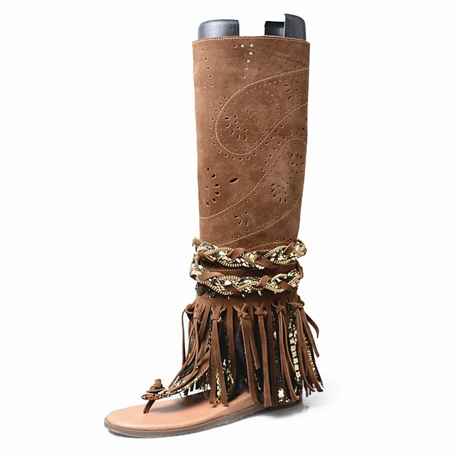 suede fringe clip toe sandals boots women carving hollow side zip flat heel summer boot females gladiator sandals