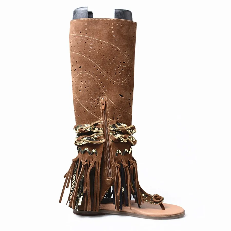 suede fringe clip toe sandals boots women carving hollow side zip flat heel summer boot females gladiator sandals