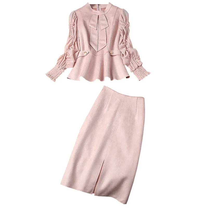 Suede Velvet Splicing Net Yarn Elastic Waist Tops Bodycon Split Skirt Two-piece Set Blue