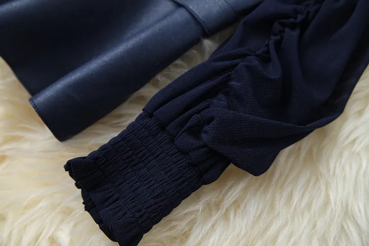 Suede Velvet Splicing Net Yarn Elastic Waist Tops Bodycon Split Skirt Two-piece Set Blue
