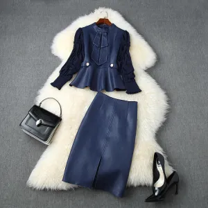 Suede Velvet Splicing Net Yarn Elastic Waist Tops Bodycon Split Skirt Two-piece Set Blue