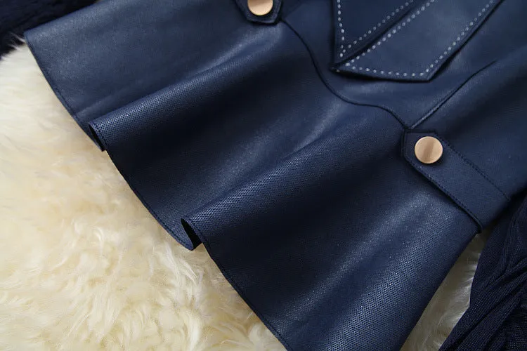 Suede Velvet Splicing Net Yarn Elastic Waist Tops Bodycon Split Skirt Two-piece Set Blue