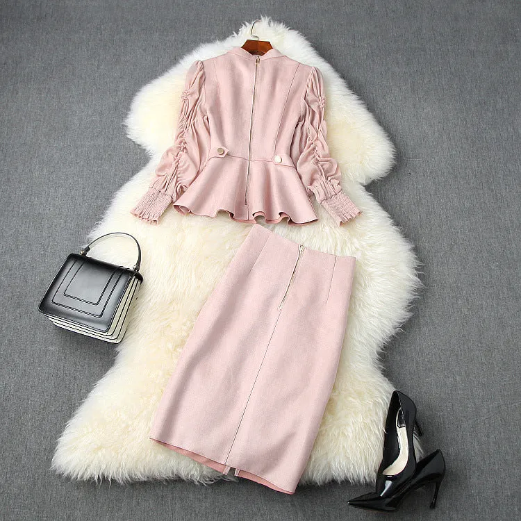 Suede Velvet Splicing Net Yarn Elastic Waist Tops Bodycon Split Skirt Two-piece Set Blue