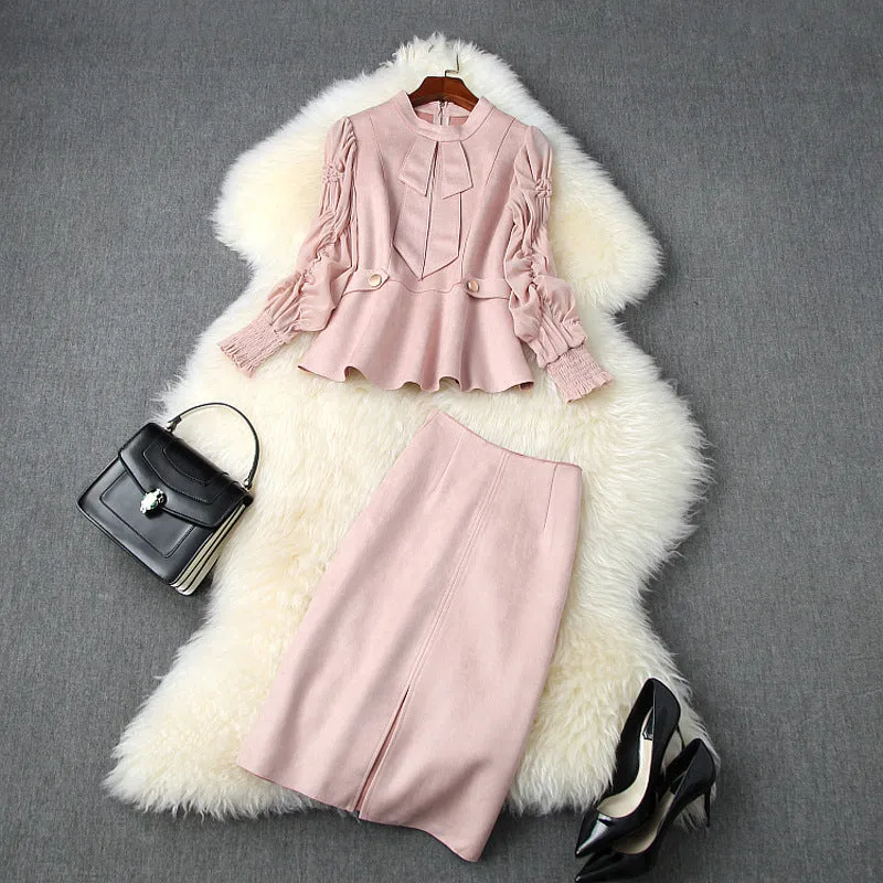 Suede Velvet Splicing Net Yarn Elastic Waist Tops Bodycon Split Skirt Two-piece Set Blue