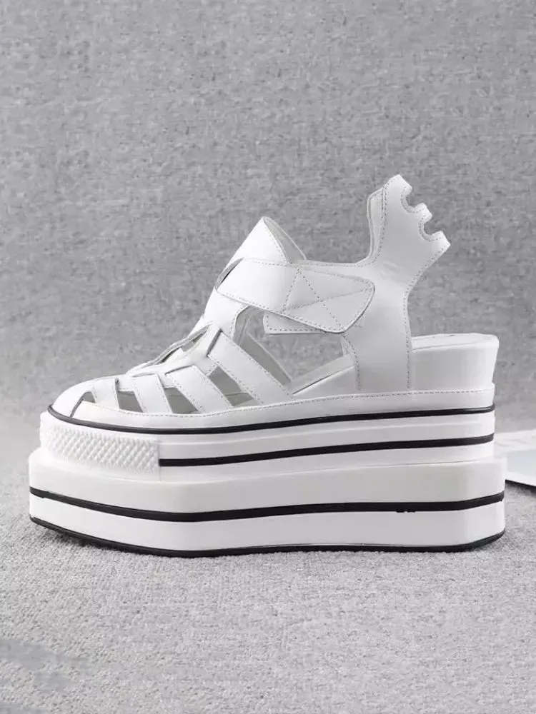 Summer Fashion Women Leather Wedges Sandal with Hollow Out Design