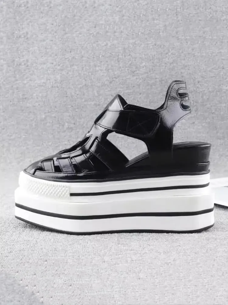 Summer Fashion Women Leather Wedges Sandal with Hollow Out Design