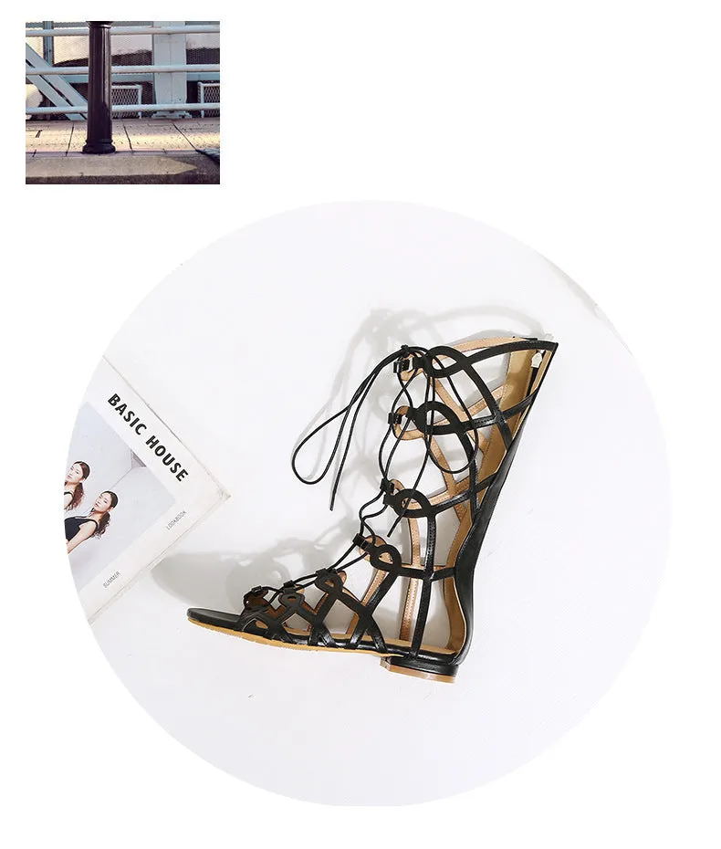 Summer Flat with Lace Large Size Women's Shoes Personality Hollow Sandals Roman Sandals